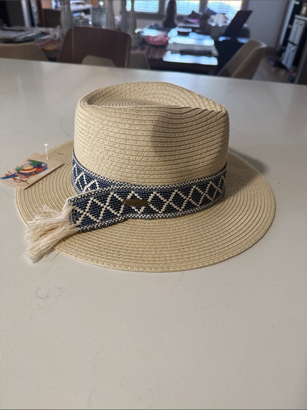 Panama Jack Cream Straw Fedora with Navy Geometric Band